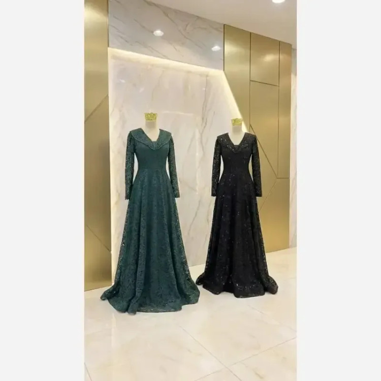 لباس مجلسی زنانه مدل سایه سنگدوزی شده جنس دانتل درجه یک کاپدار و استردار رنگ مشکی و سبز سایز بزرگ