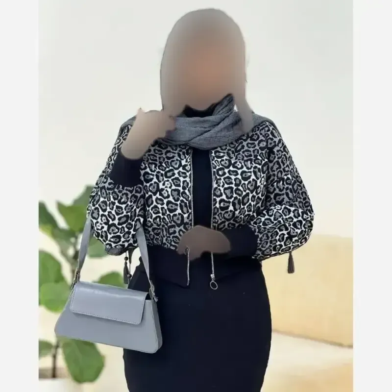 بامبر پلنگی پاییزه جنس تافته فری سایز 38 تا 46 شکلاتی و طوسی