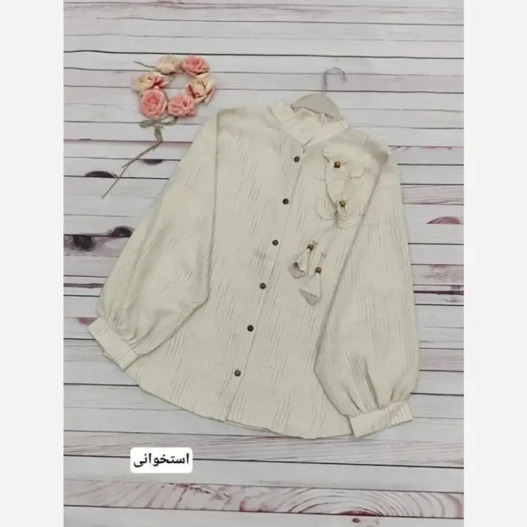 شومیز مجلسی زنانه شانتون کنفی لمه دار آستین عروسکی گل برجسته سایز بزرگ فری سایز تا 48