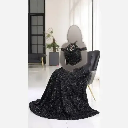 ماکسی مجلسی زنانه دانتل چمنی مشکی کاپدار نگین دار سایزبندی