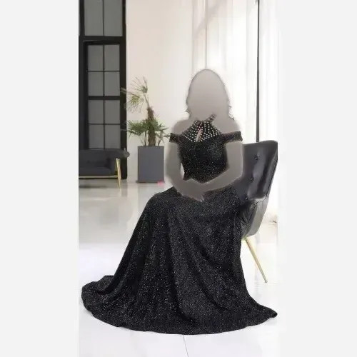 ماکسی مجلسی زنانه دانتل چمنی مشکی کاپدار نگین دار سایزبندی