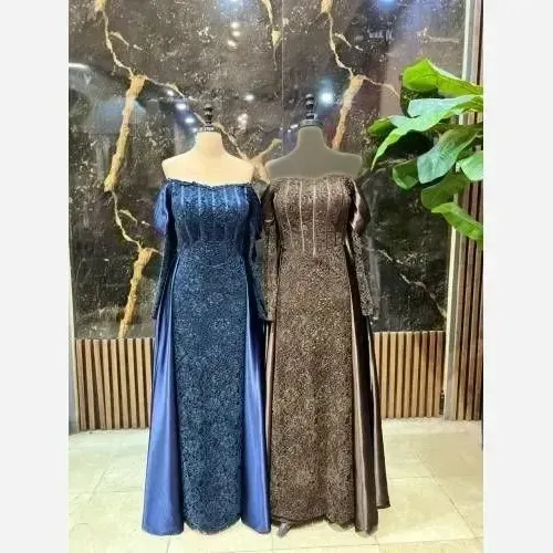 پیراهن مجلسی اطلس دودامنه دانتل مخمل و ساتن زارا قد 150 رنگ مشکی و سرمه ای سایز 36 تا 50