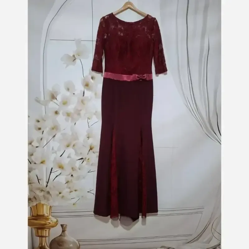 ماکسی مجلسی کرپ کش و دانتل آستین سه ربع کاپ دار