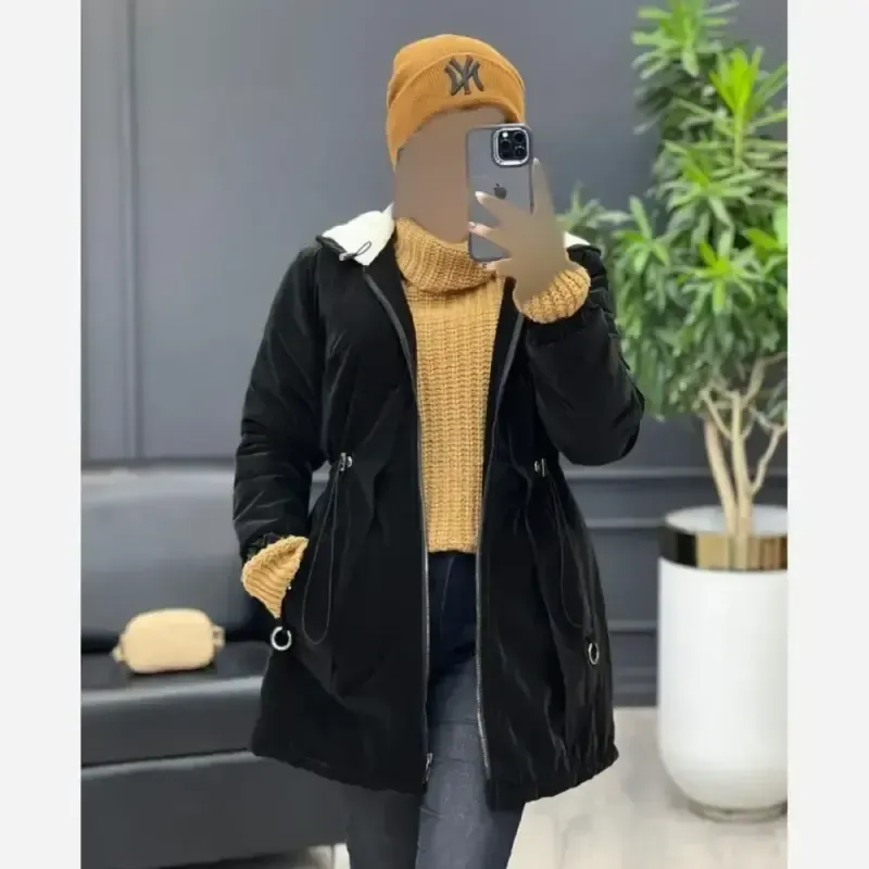 کاپشن لیوسا سیلیکونی داخل ببعی مشکی سایز 38 تا 46 کلاهدار کمرگت