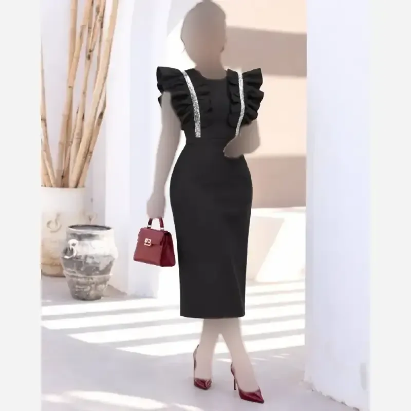 پیراهن مجلسی زنانه مشکی جنس غواصی درجه یک آستین لمهدوزی شده قد 105
