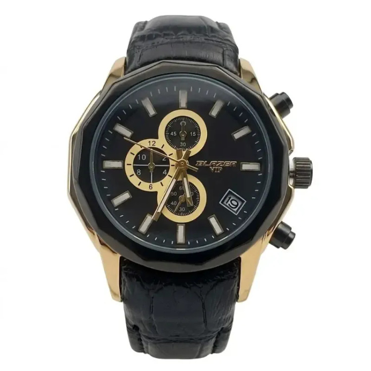 ساعت مچی زنانه بلیزر مشکی طلایی بند چرمی طرح سه موتور تقویمدار