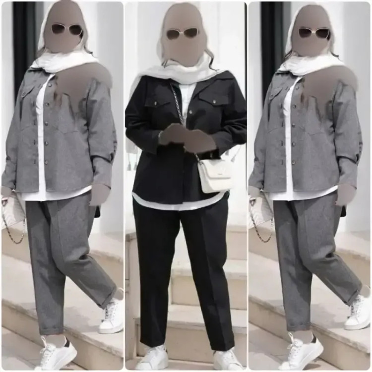 ست مانتو شلوار و شومیز مدل بهارک جنس مکانیک پرشین و داکرون رنگ مشکی و طوسی سایز فری 38 تا 46