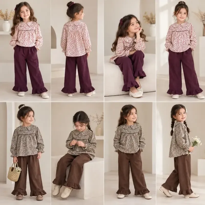 ست شومیز لینن کرکی و شلوار مخمل کبریتی دخترانه سایز 4 تا 9 سال