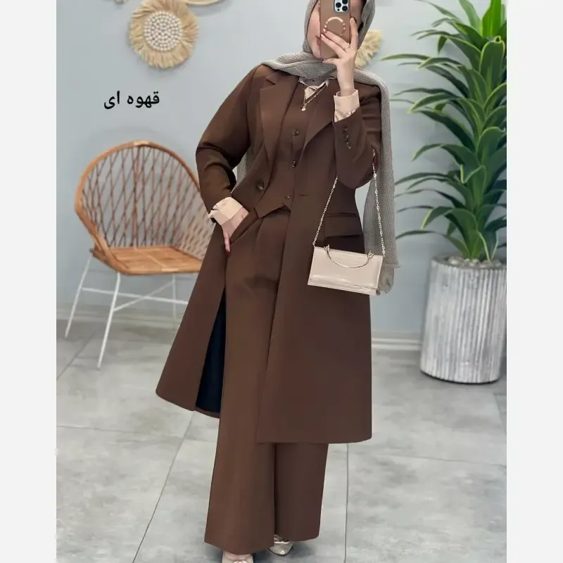 ست سه تکه مانتو شلوار و جلیقه زنانه جنس کرپ سوپر دبل باربی کجراه
