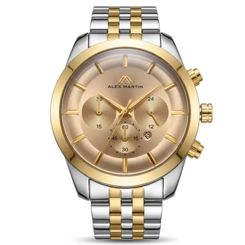 ساعت مچی مردانه الکس مارتین استیل طلایی صفحه شامپاینی تقویم دار موتور ژاپن