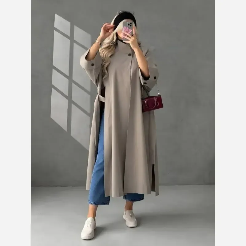 بارانی اورکت زنانه پاییزی چاکدار با کمربند