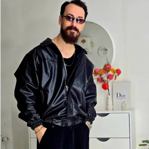کاپشن چرم مصنوعی مردانه مشکی آستین کش سایز L تا 2XL