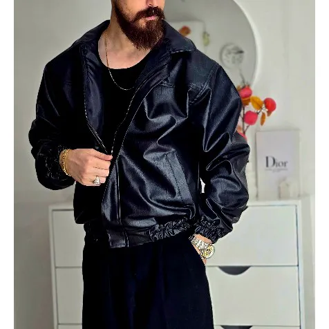 کاپشن مردانه چرم مصنوعی مشکی پایین کش وارداتی سایز L تا 2XL