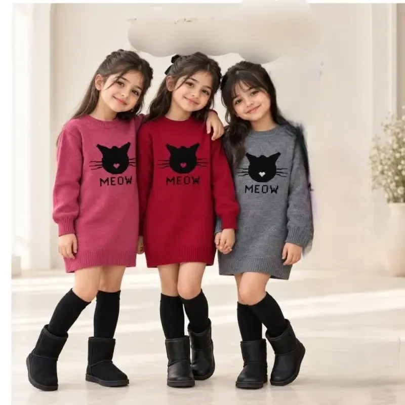 تونیک بافت گپ دخترانه طرح گربه سه رنگ سایز 3 تا 12 سال