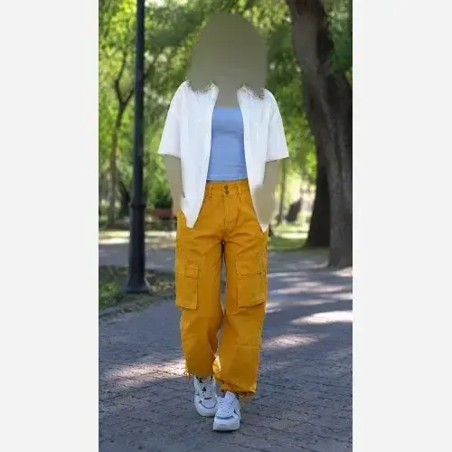 شلوار بگ کارگو شش جیب زنانه و دخترانه سوپرکتان کاغذی زارا رنگ لیمویی و آجری