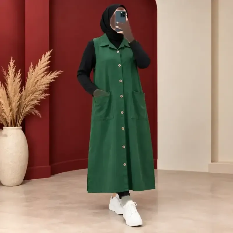 پیراهن ساحلی زنانه حلقه ای بلند نخ لینن مدل آریانا دکمه دار فری سایز