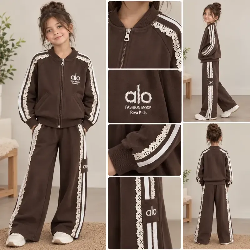 ست سوییشرت و شلوار دورس دو نخ لاکرا دخترانه مدل آوا رنگ کرم و قهوه ای