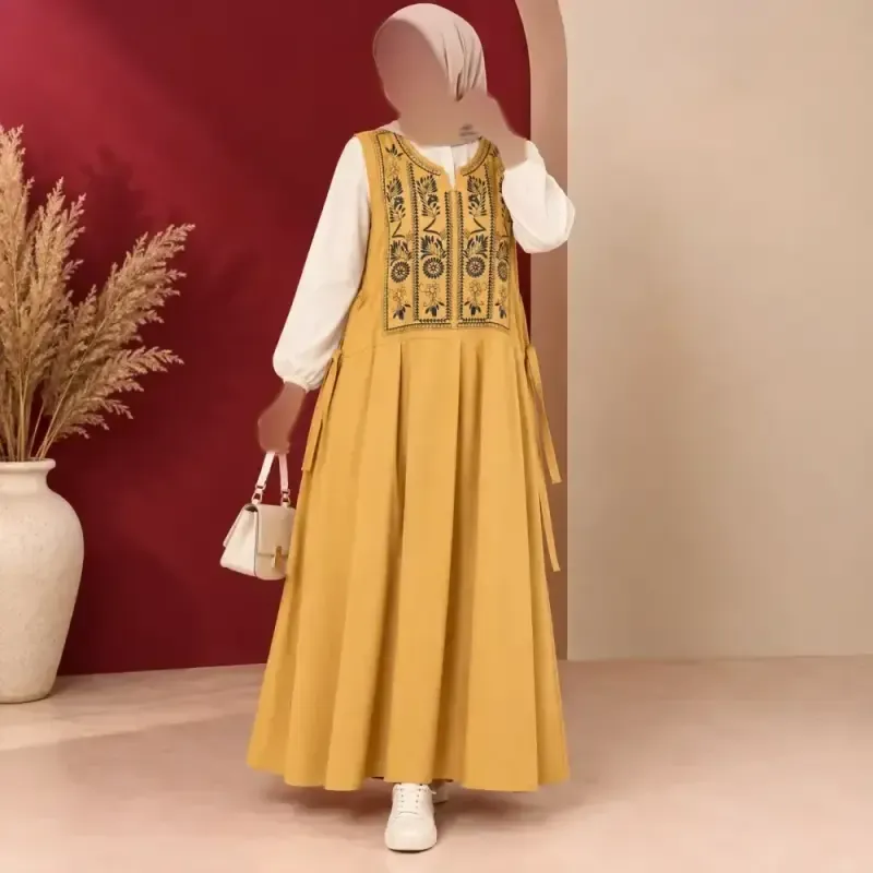 پیراهن ساحلی زنانه حلقهای لینن یقه چاپ الهه فری سایز کمربنددار