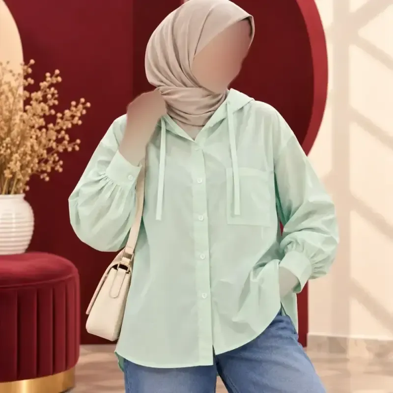 شومیز زنانه کلاهدار چهارفصل نخ کتان صابونی دکمهدار فری سایز